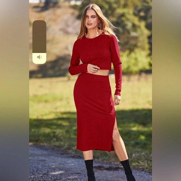 Happily grey classic two piece feminine red crop sweater midi skirt Bodycon set - Picture 14 of 16